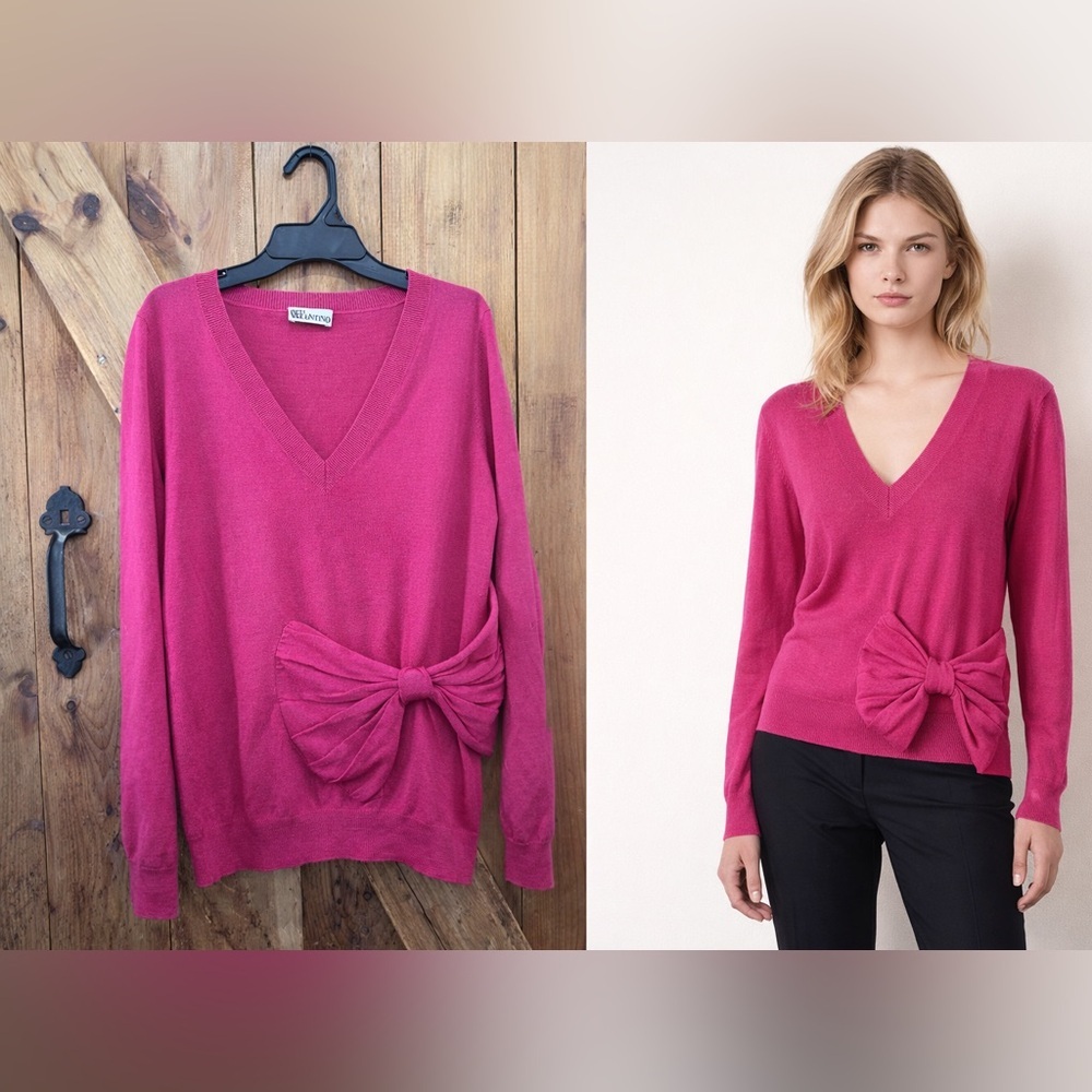 Valentino Women's Fuchsia‎ V-Neck Sweater with Bow